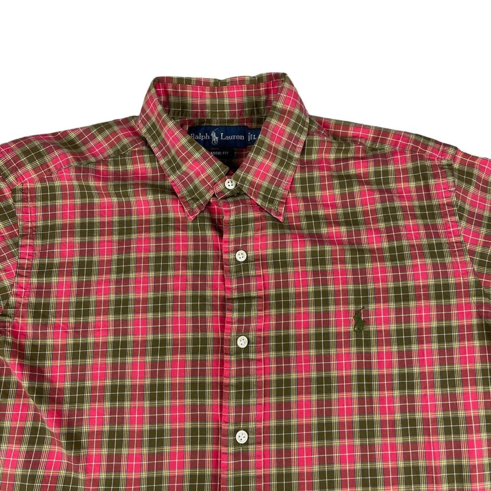 Ralph Lauren Shirt Men's Large Red Green Button Up Long Sleeve Plaid Classic Fit
